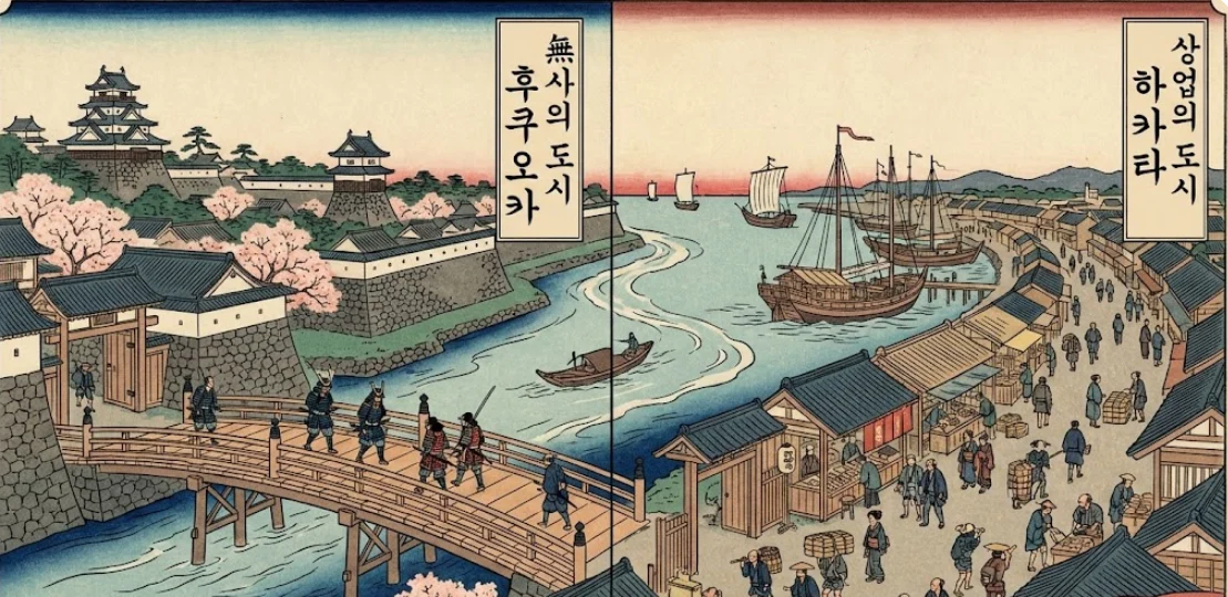 왼쪽에는 무사들이 돌아다니고, 우측에는 상인들이 돌아다니는 그림